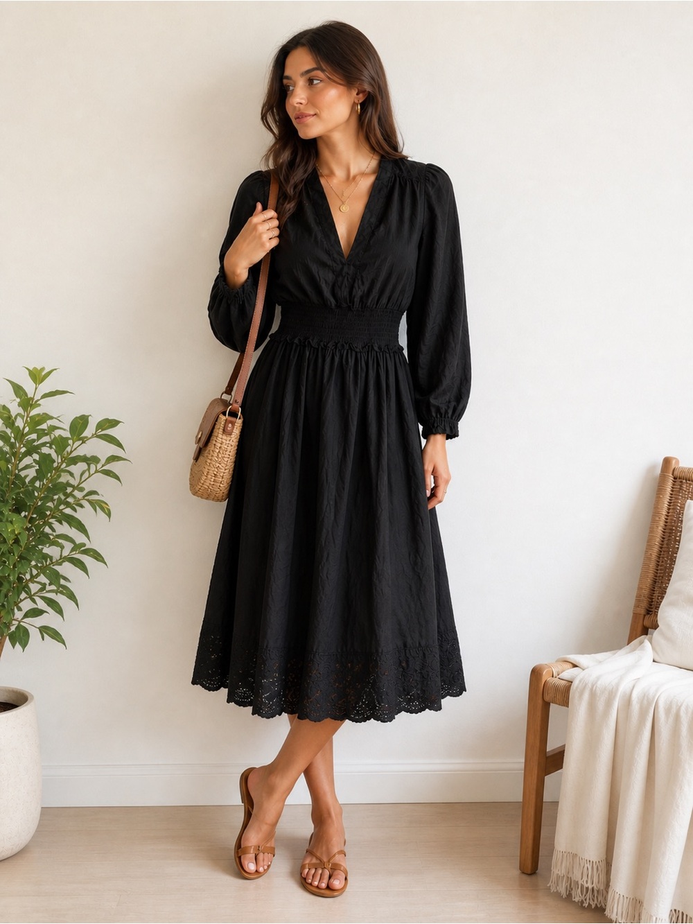 Old Navy Black Long-Sleeve Smocked-Waist Midi Dress